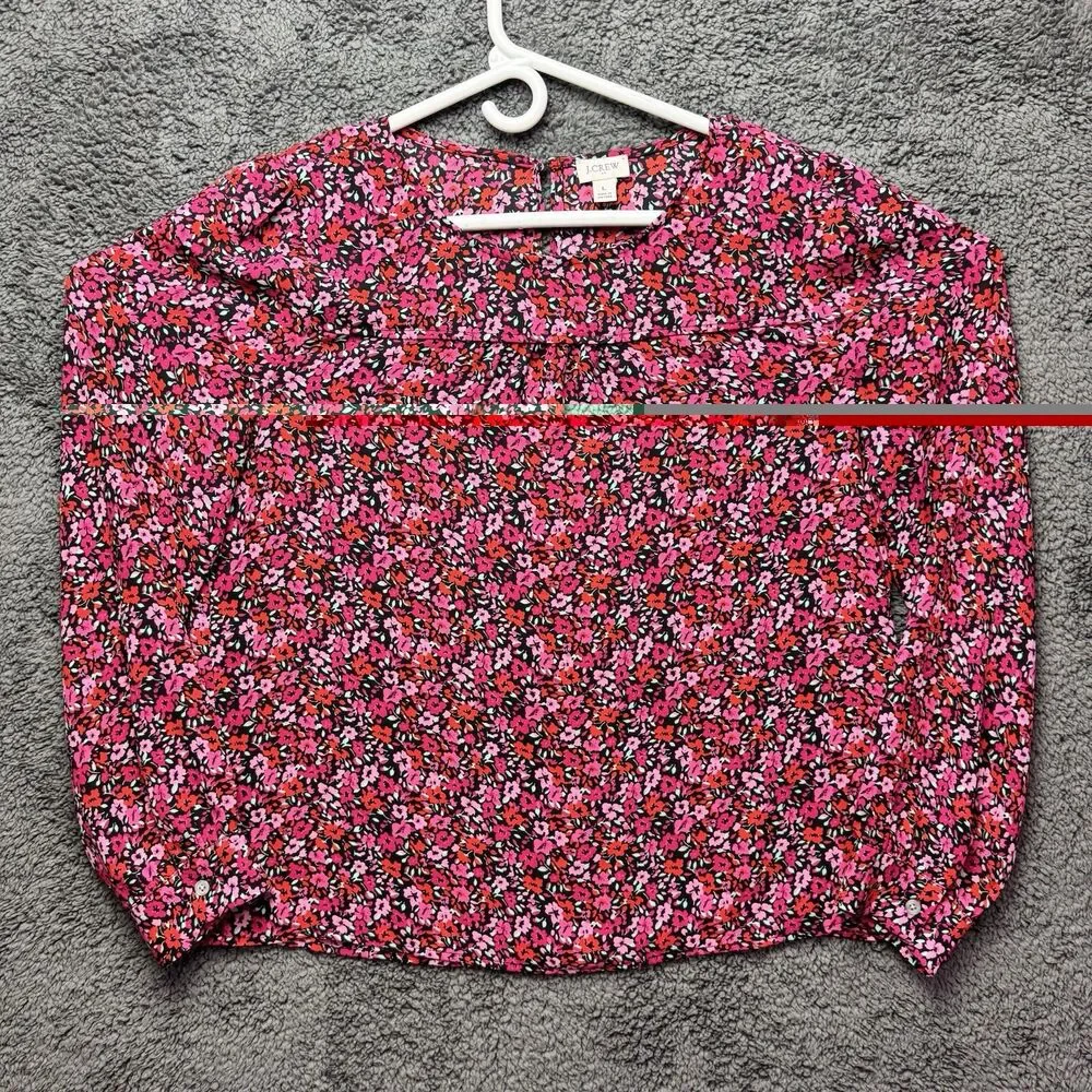 J. Crew Womens Floral Abstract Long Sleeve Popover Blouse Top Large Red Pink